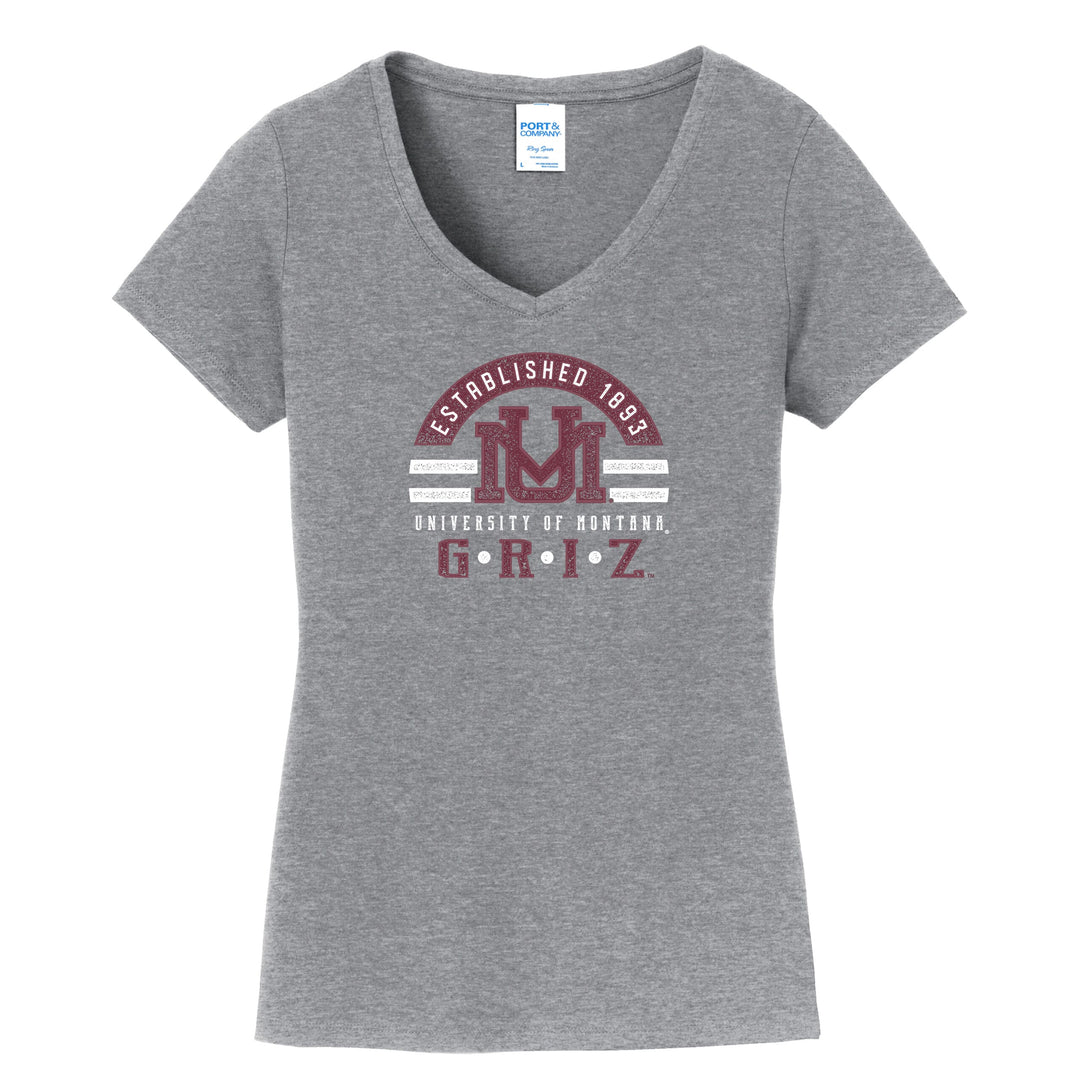 Blue Peaks Creative's grey Ladies' Fan Favorite V-Neck T-shirt with the UM Griz Circle Badge design in maroon and white