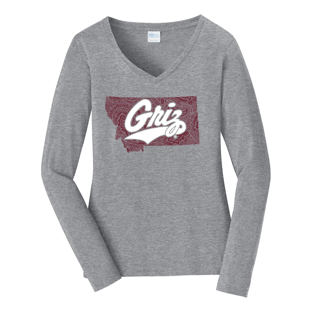 Blue Peaks Creative's grey Ladies' Long Sleeve Fan Favorite V-Neck Tee with the Paisley Montana Griz Script design in maroon and white