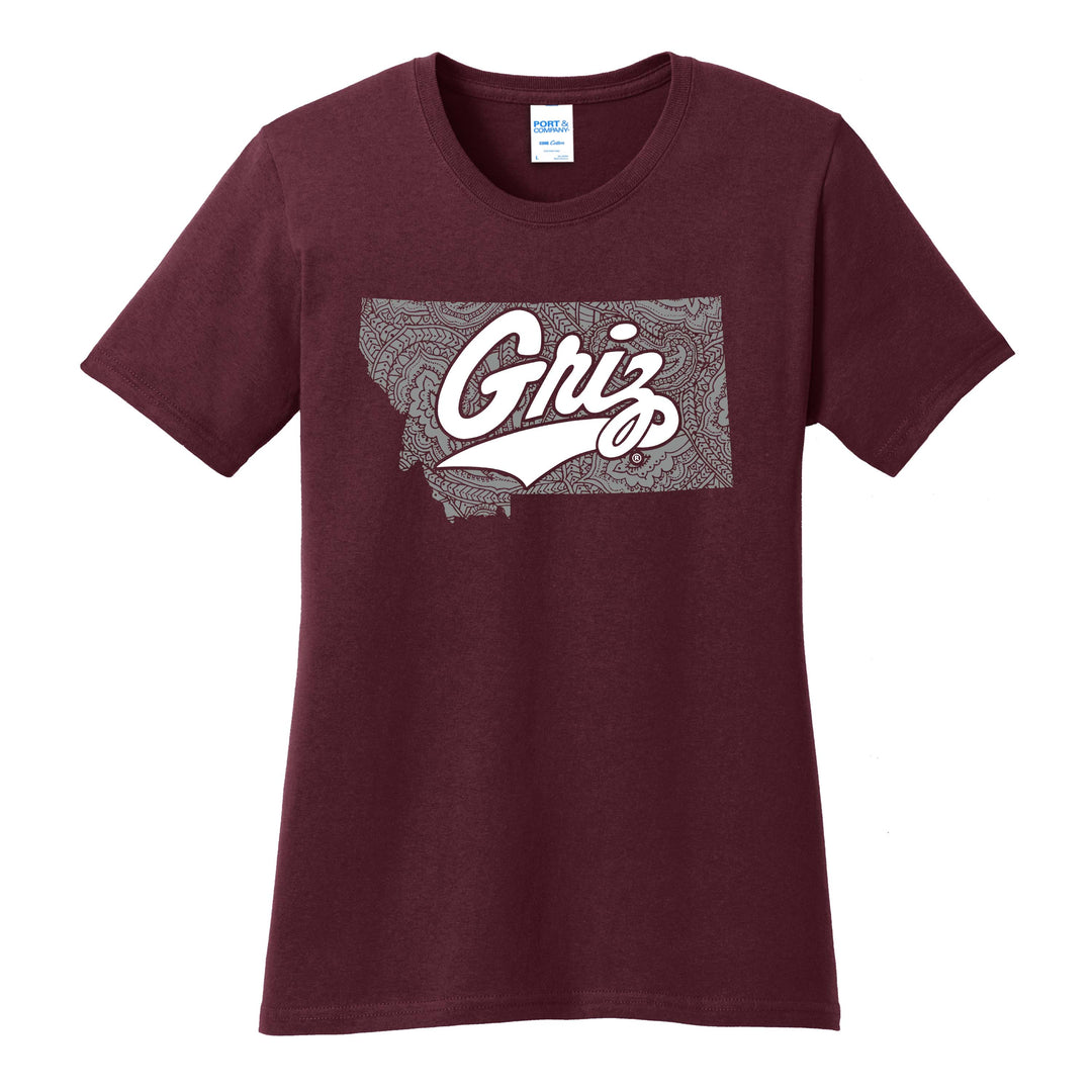 Blue Peak Creative's maroon Ladies' Core Cotton T-shirt with the Paisley Montana Griz Script design in grey and white