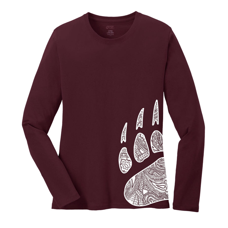 Blue Peaks Creative's Ladies' Long Sleeve T-shirt with Paisley Bear Paw design printed on the hip, maroon and white