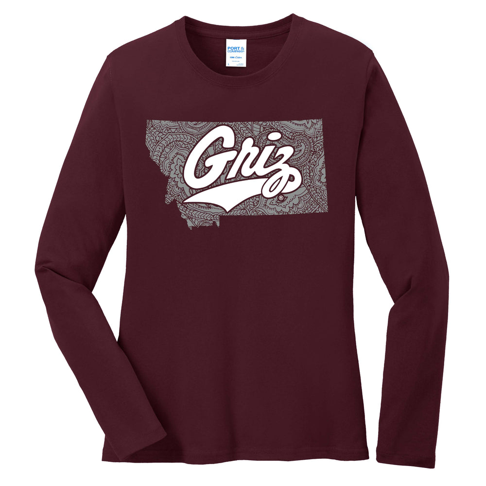 Blue Peaks Creative's maroon Ladies' Long Sleeve Cotton T-shirt with the Paisley Montana Griz Script design in grey and white