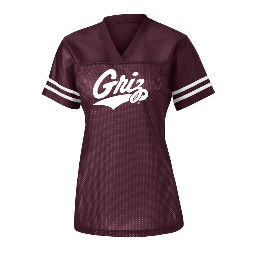 Blue Peaks Creative's maroon Ladies' Jersey with a two-sided print, Griz (front) and 406 Montana (back), front