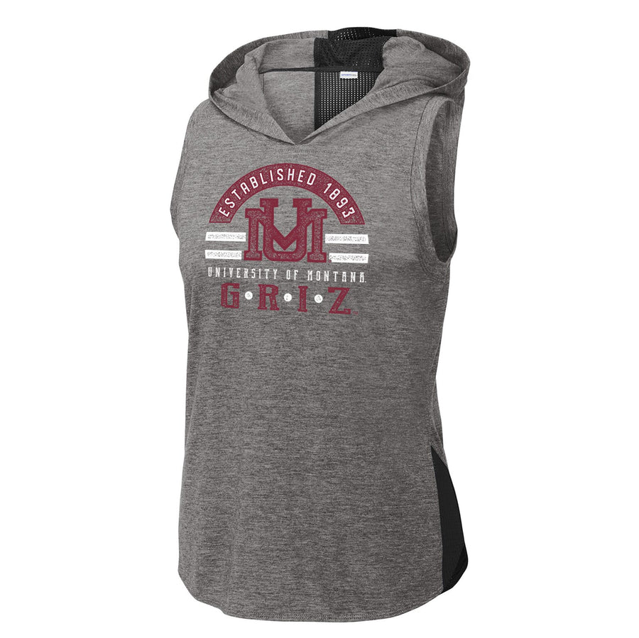 Blue Peak Creative's grey Sport-Tek Ladies PosiCharge Tri-Blend Wicking Draft Hoodie Tank with the UM Griz Circle Badge in maroon and white