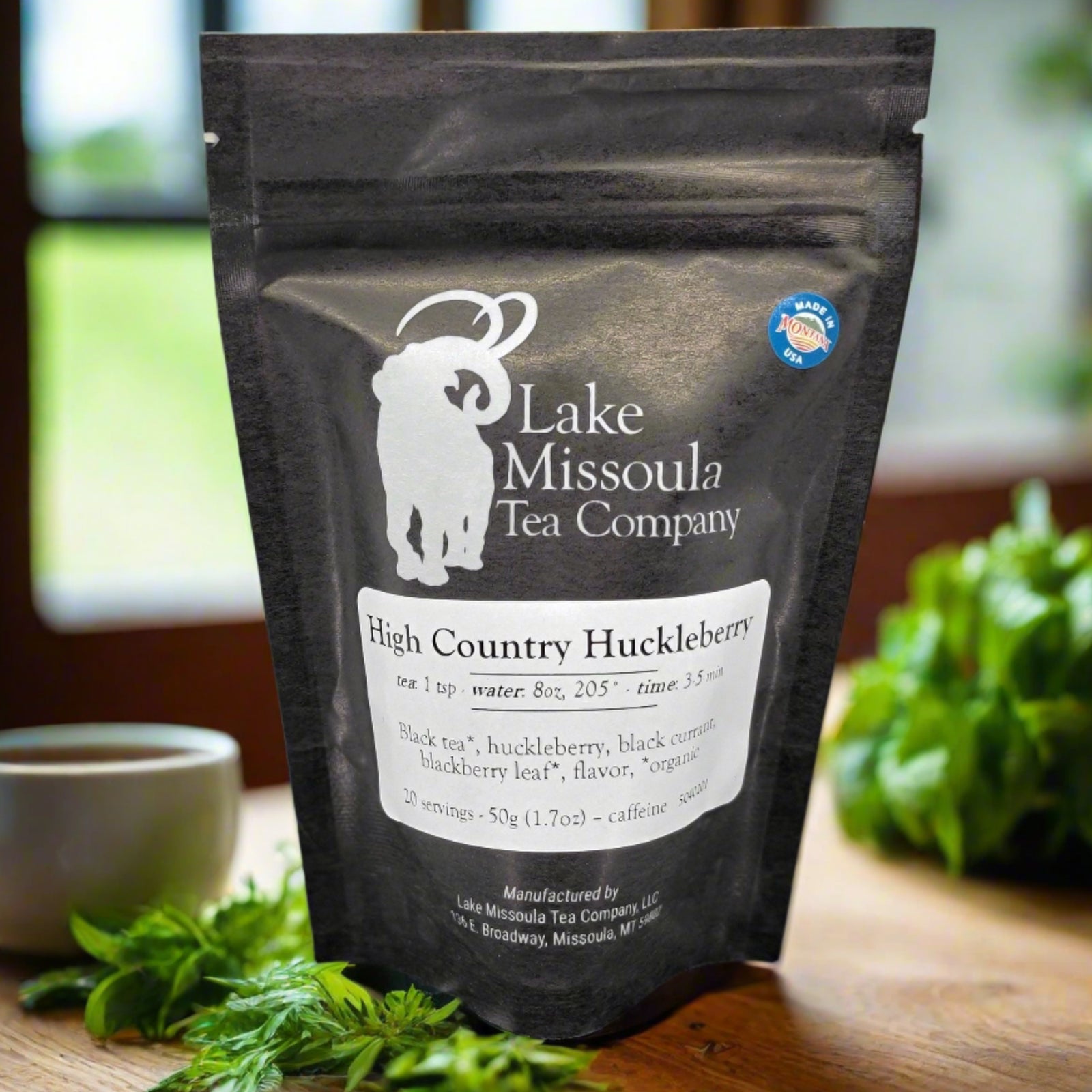 High Country Huckleberry Tea from Lake Missoula Tea Company—the perfect gift of Montana tea; image depicts the front of the bag