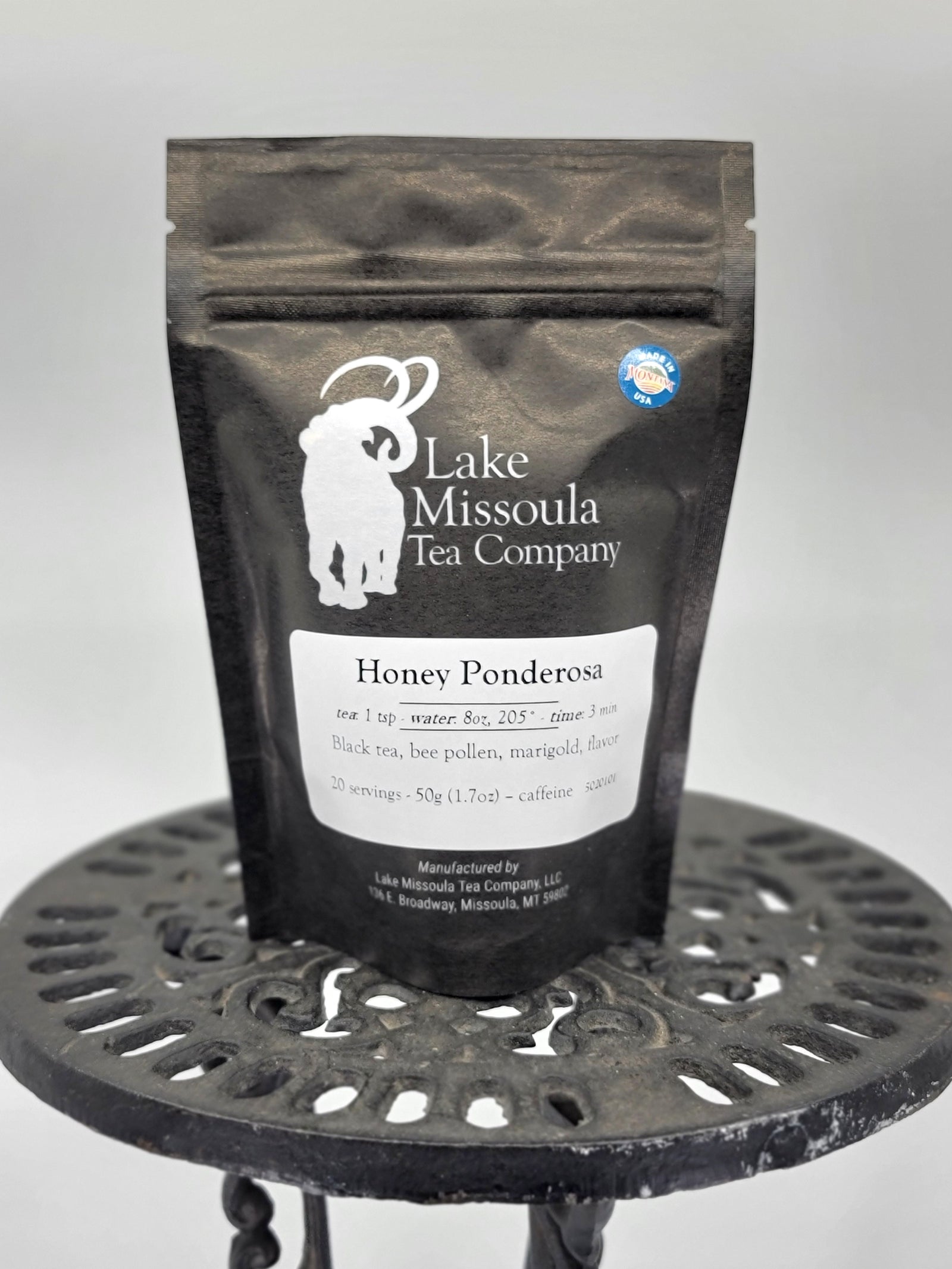 Honey Ponderosa Tea from Lake Missoula Tea Company—the perfect gift of Montana tea; image depicts the front of the bag