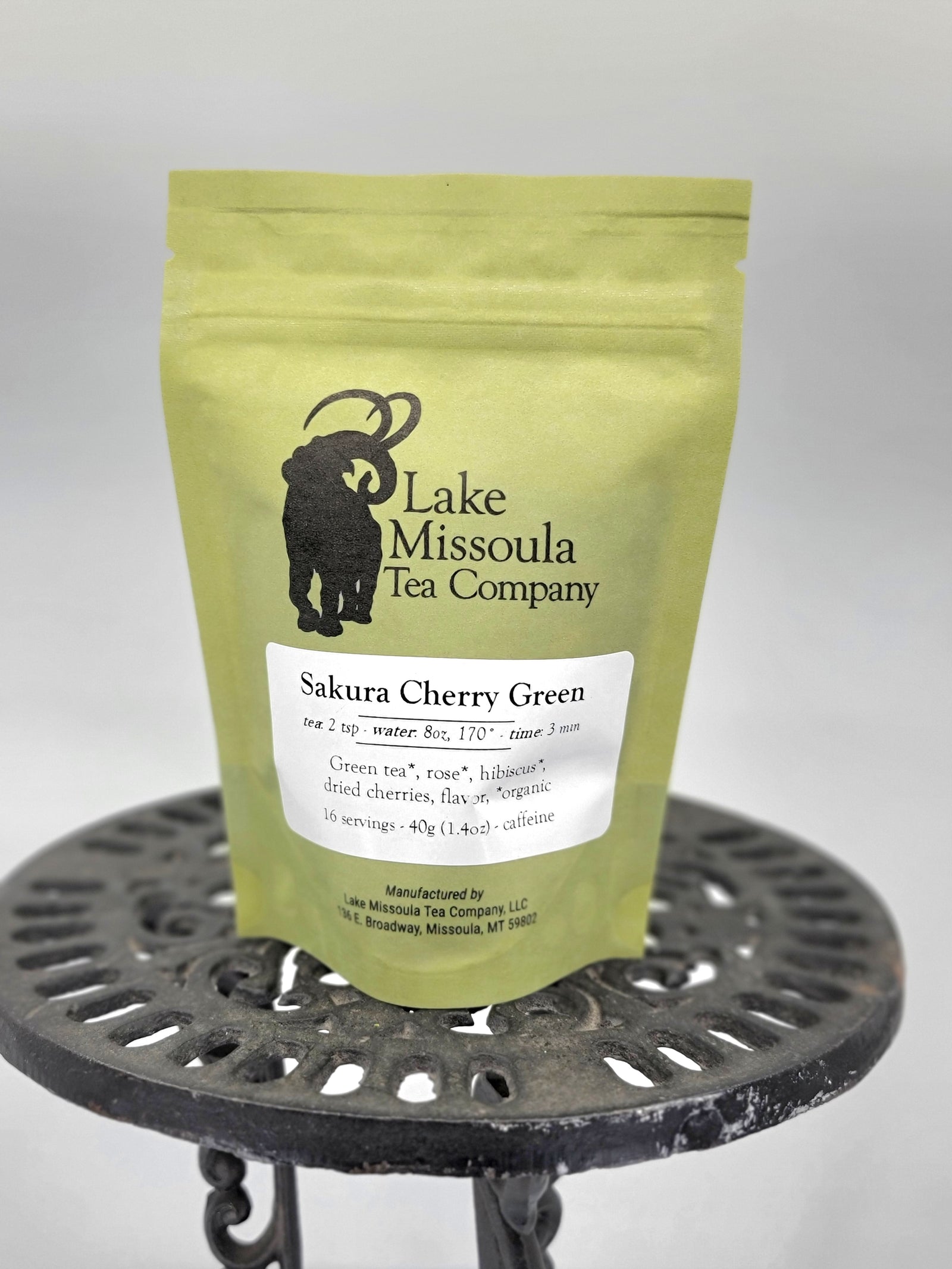 Sakura Cherry Green Tea from Lake Missoula Tea Company—the perfect gift of Montana tea; image depicts the front of the bag