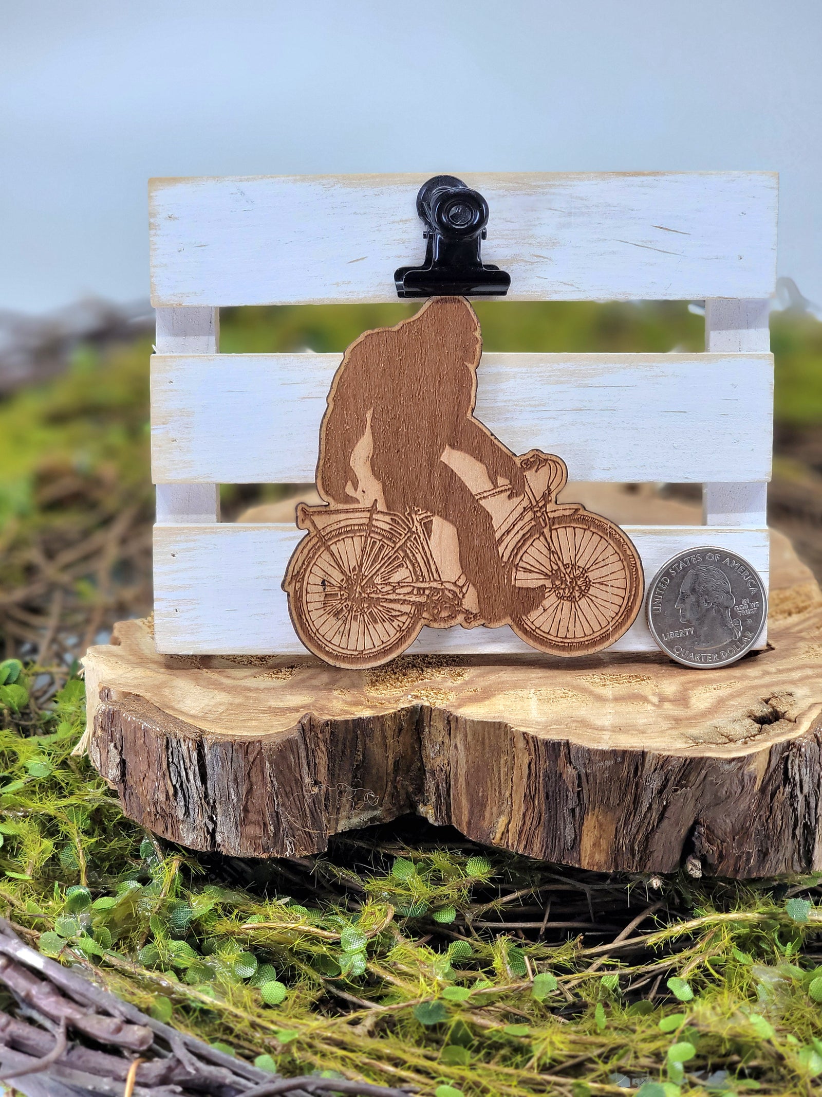Etched wood Bigfoot/ Sasquatch on a bicycle--wooden sticker handmade by Last Best Supply Co. in Montana, USA.