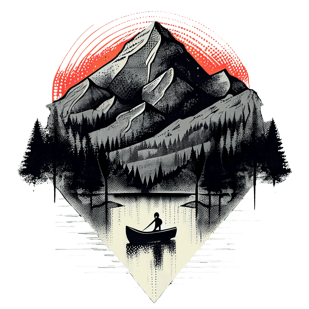 Lone Canoe Halftone Mountain Scene Sticker