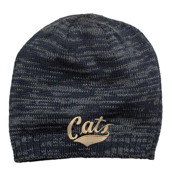 This is a soft, thick-knit beanie featuring a multi-tonal, heathered texture in charcoal and navy. The front center features a dense, raised embroidery of the word "Cats" in a flowing vintage script. Directly beneath the text, you can feel a thick, satin-stitched athletic "swoosh" that underlines the logo. The hat is a classic, smooth pull-on style without a pom-pom.