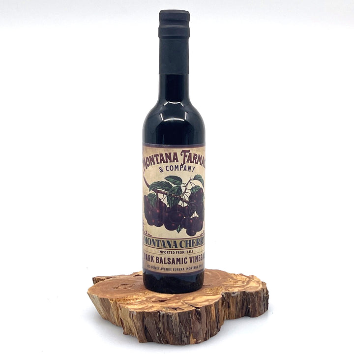 375 ml bottle of Dark Montana Cherry Aged Balsamic Vinegar, made in Montana by Montana Pharmacy