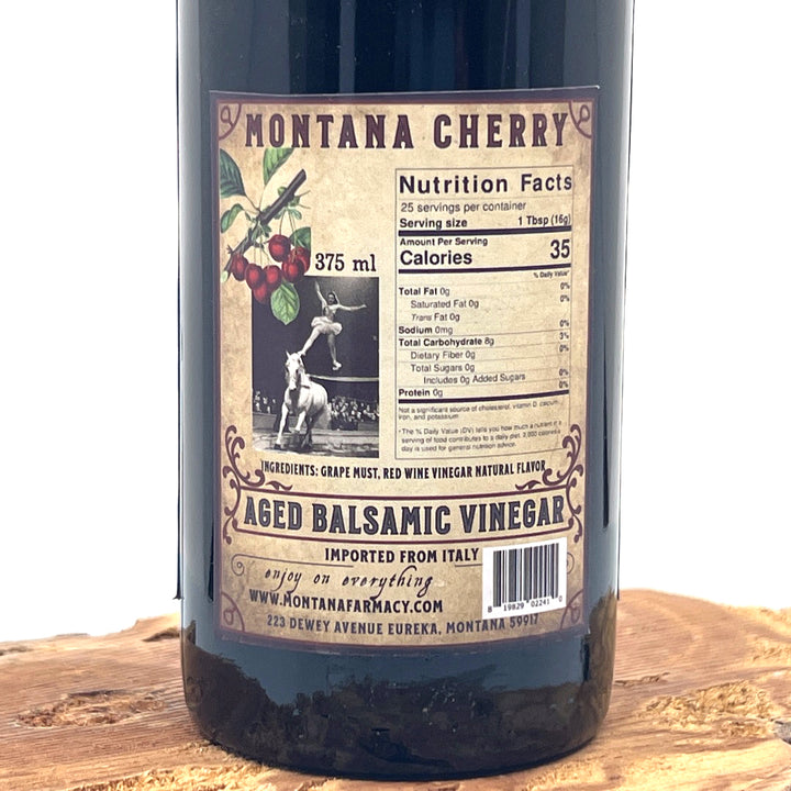 375 ml bottle of Dark Montana Cherry Aged Balsamic Vinegar, made in Montana by Montana Pharmacy, nutrition and ingredients list