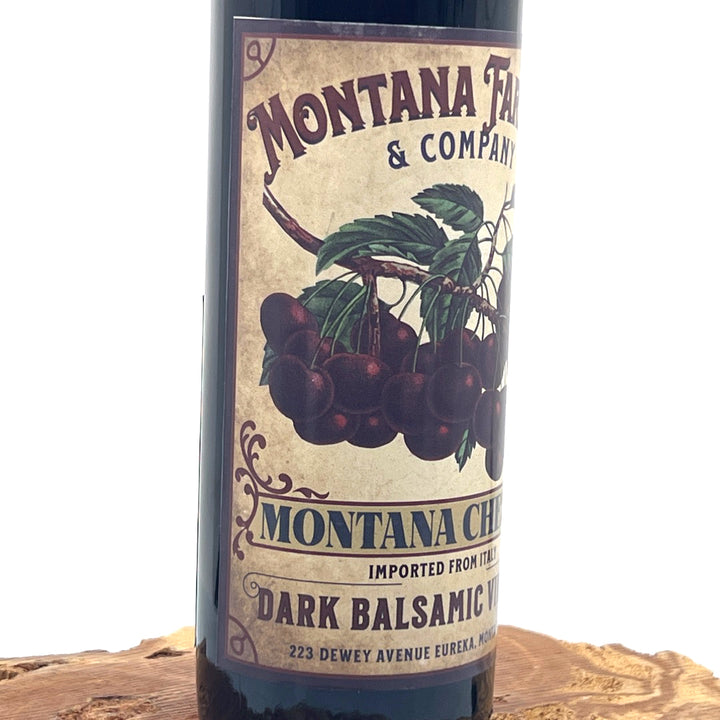 375 ml bottle of Dark Montana Cherry Aged Balsamic Vinegar, made in Montana by Montana Pharmacy
