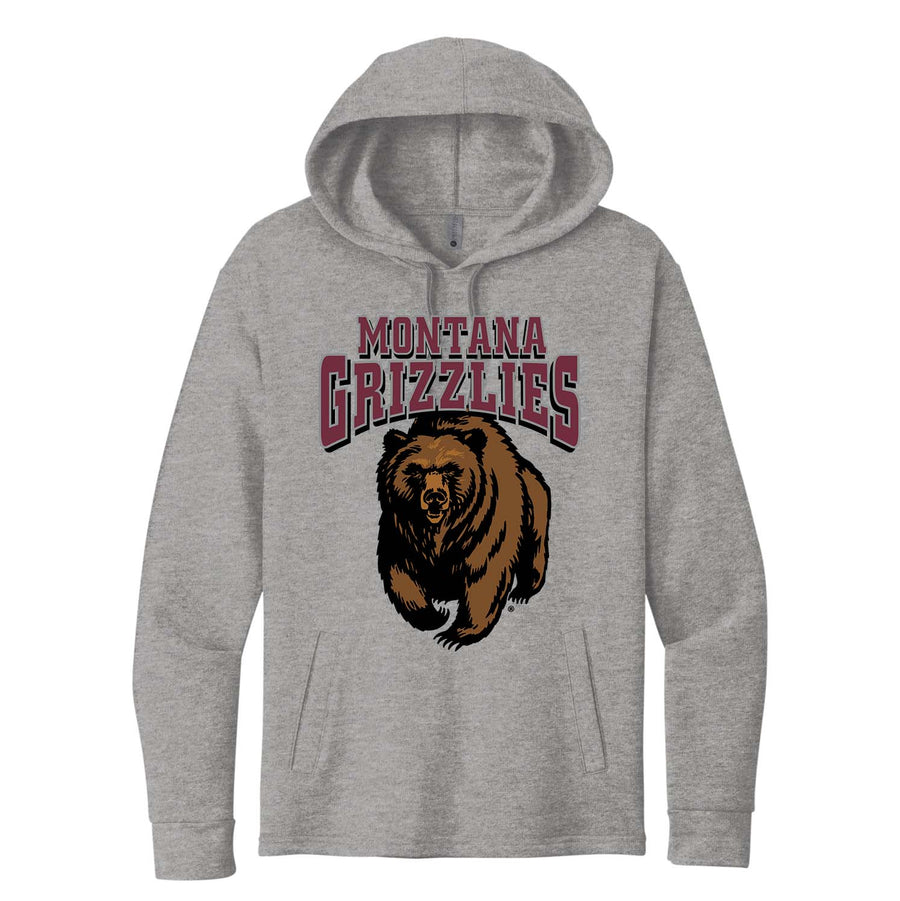 Blue Peak Creative's grey Pullover Hoodie with Montana Grizzlies Charging Bear design