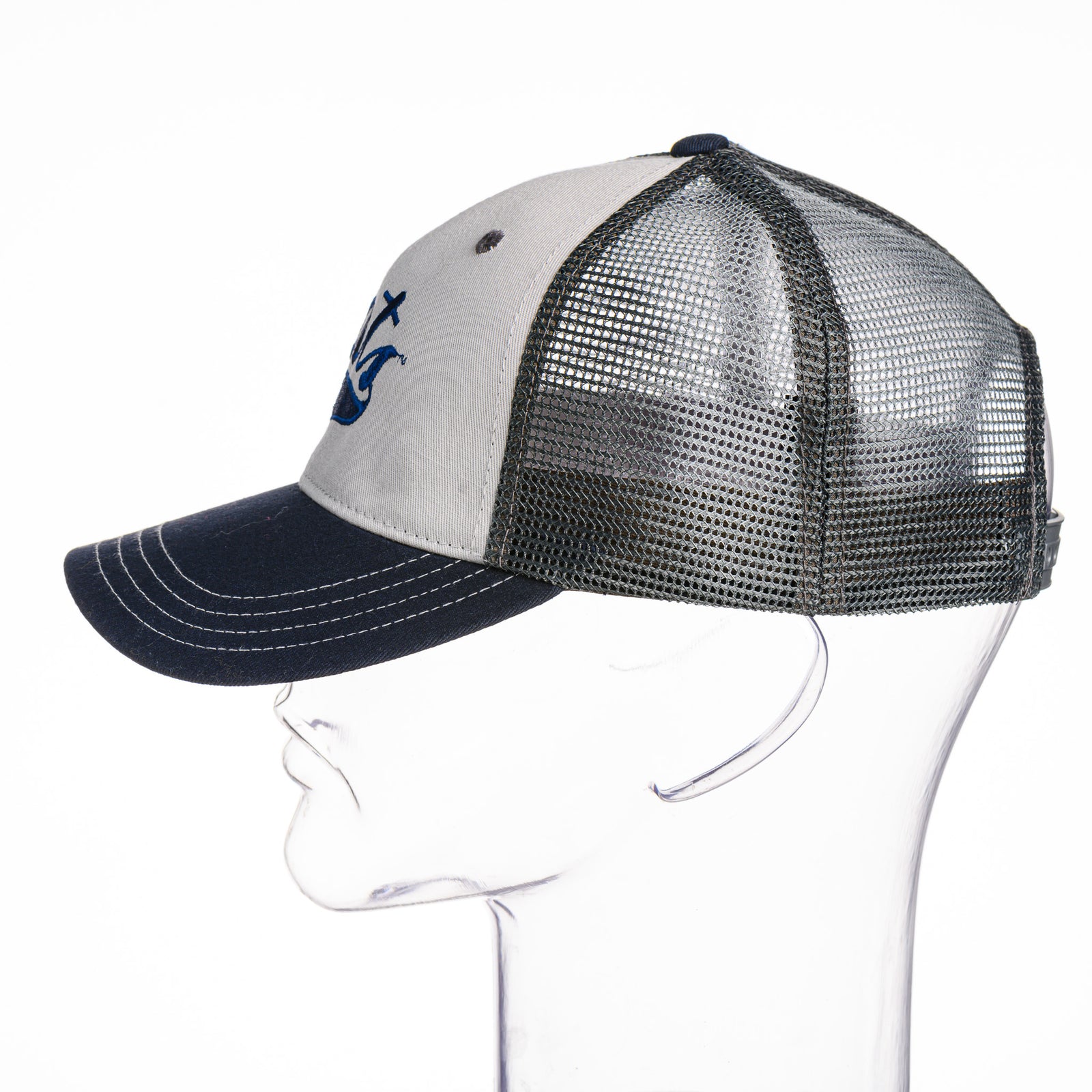 The side of a tri-color msu bobcats trucker hat, made in montana.