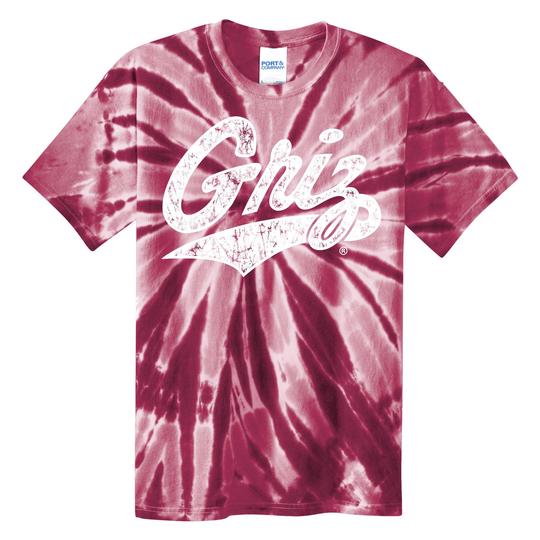 A maroon tie-dye shirt, showing the front with a white screen print of a University of Montana Griz Script.