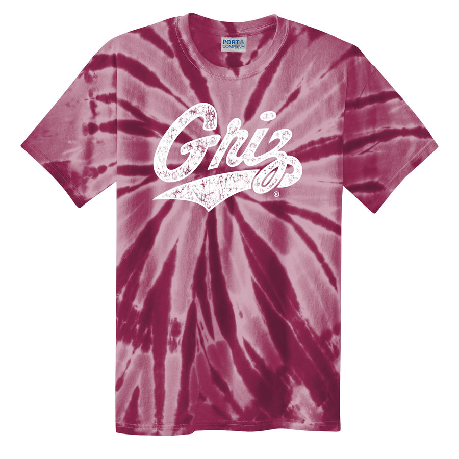 Blue Peaks Creative's Distressed Griz Script Tie-Dye Tee, maroon