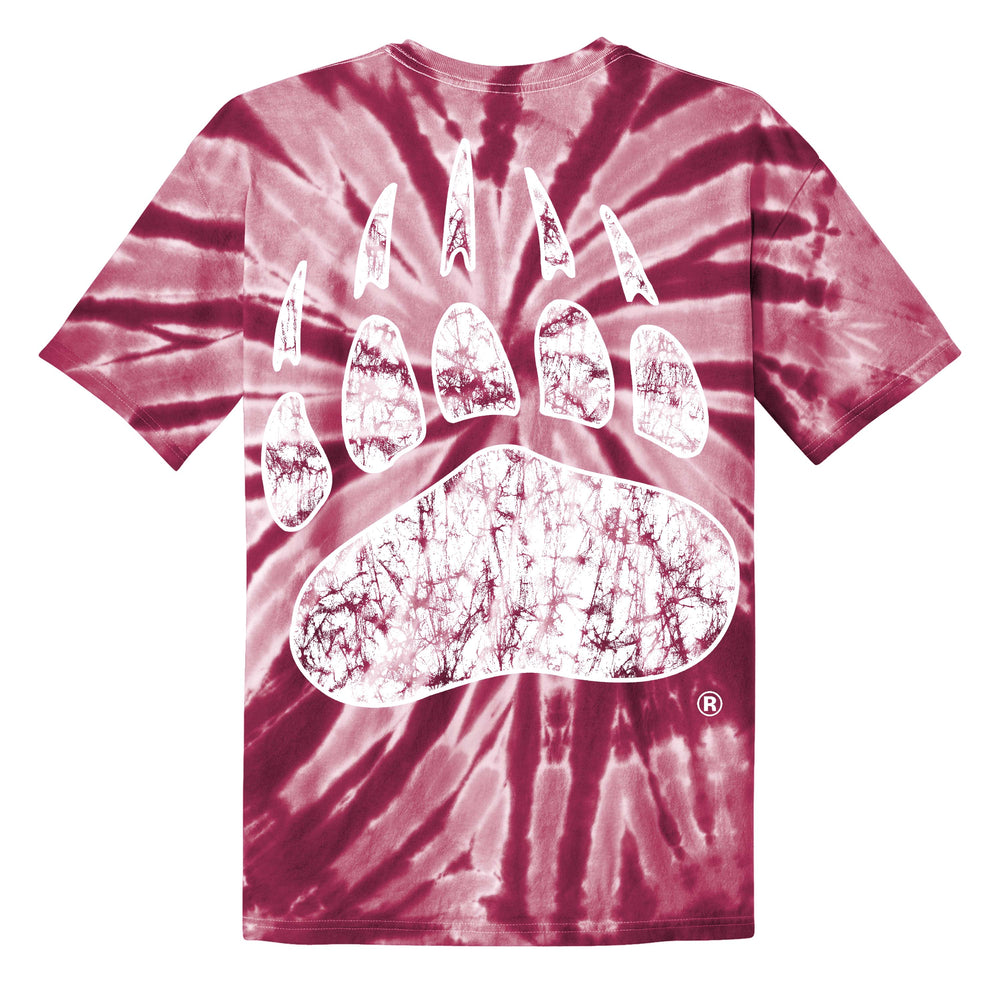 Blue Peaks Creative's maroon Youth Tie-Dye T-shirt with the Griz Script and Paw designs (Two-Sided), back