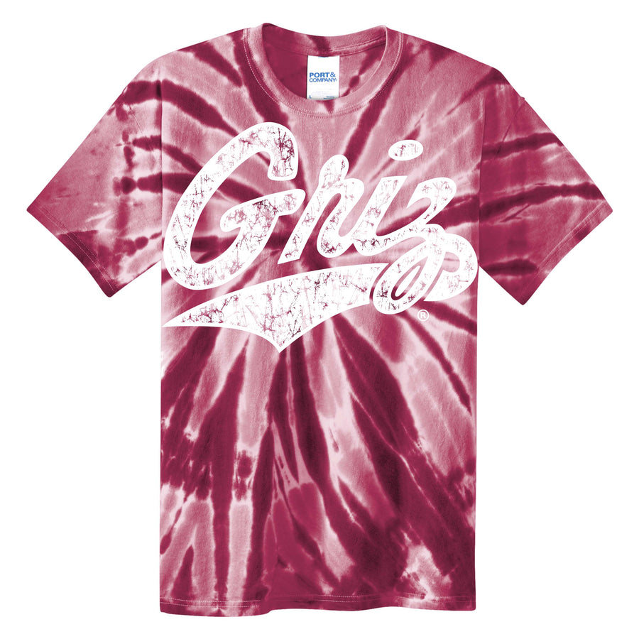 Blue Peaks Creative's maroon Youth Tie-Dye T-shirt with the Griz Script and Paw designs (Two-Sided), front