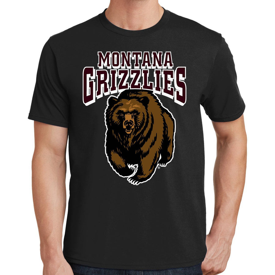 Blue Peak Creative's black Fan Favorite Cotton Tee with the Montana Grizzlies Charging Bear design