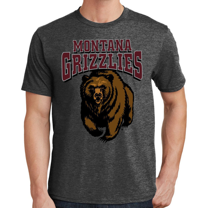 Blue Peak Creative's grey Fan Favorite Cotton Tee with the Montana Grizzlies Charging Bear design