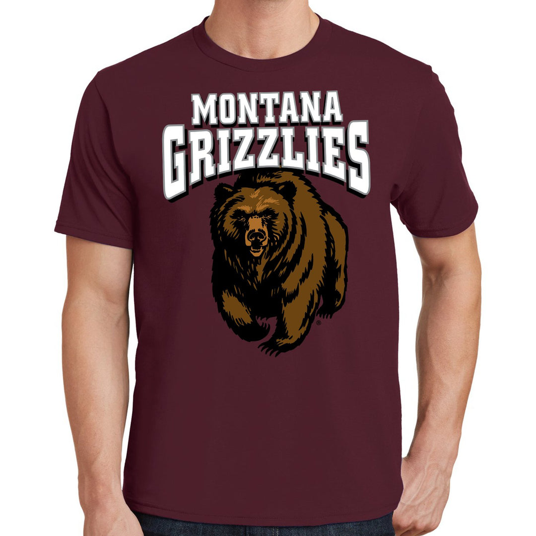 Blue Peak Creative's maroon Fan Favorite Cotton Tee with the Montana Grizzlies Charging Bear design
