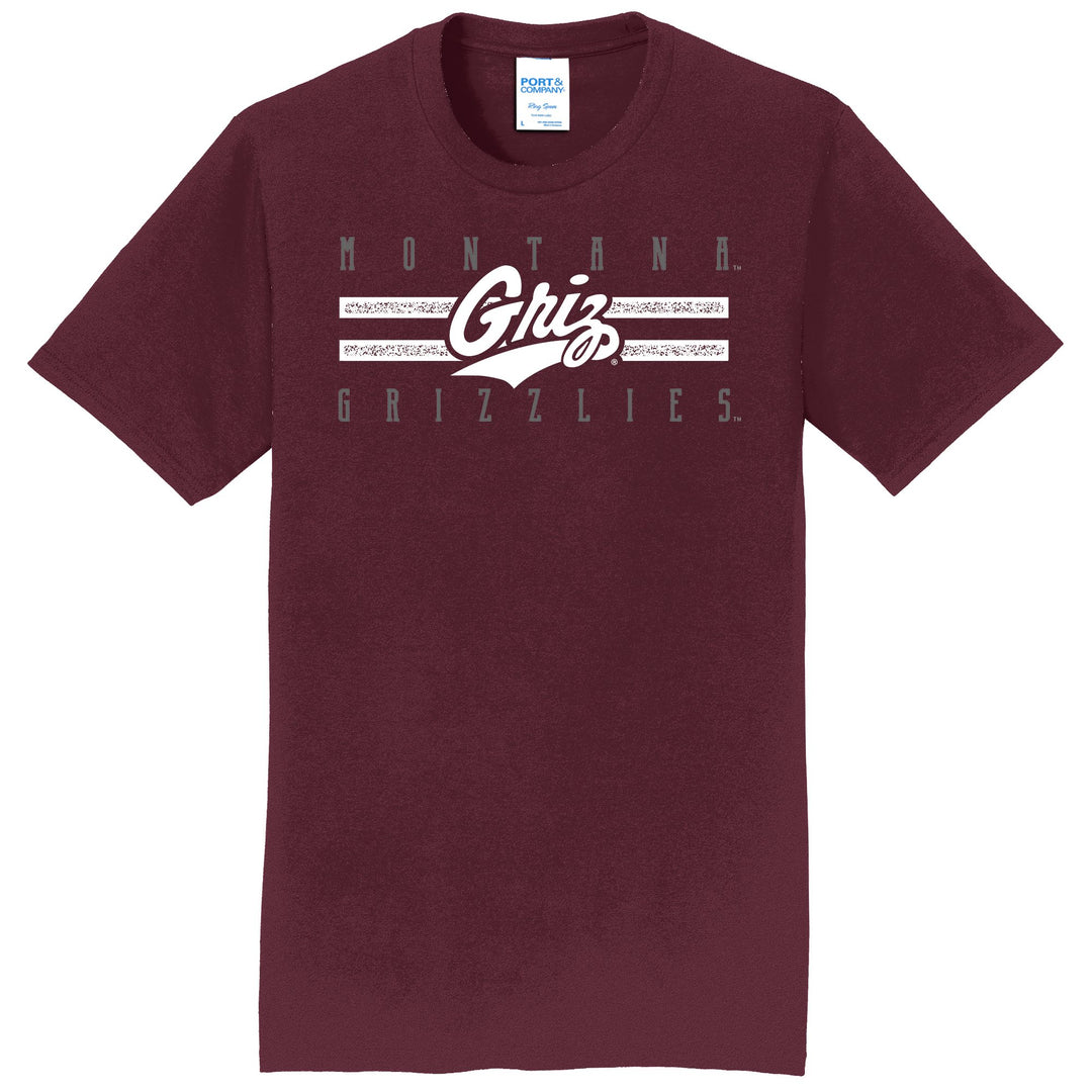 Blue Peaks Creative's maroon Cotton T-shirt with the Montana Grizzlies Lines and Griz Script design in silver and white