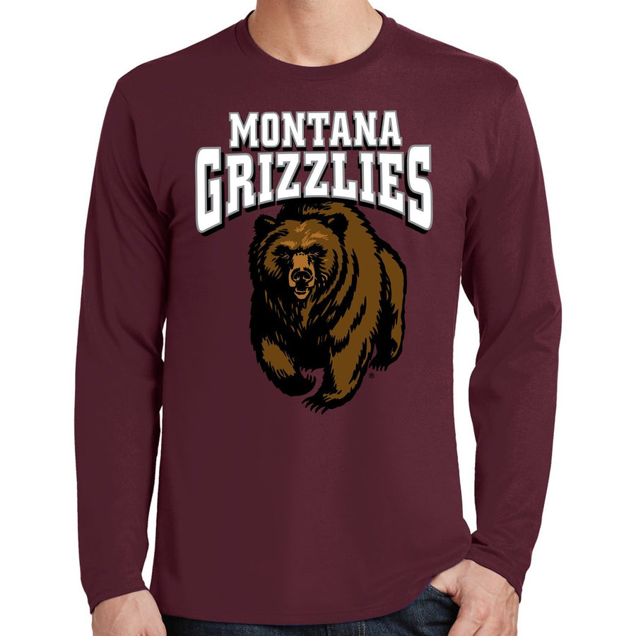 Blue Peak Creative's maroon Long Sleeve Tee with the Montana Grizzlies Charging Bear design