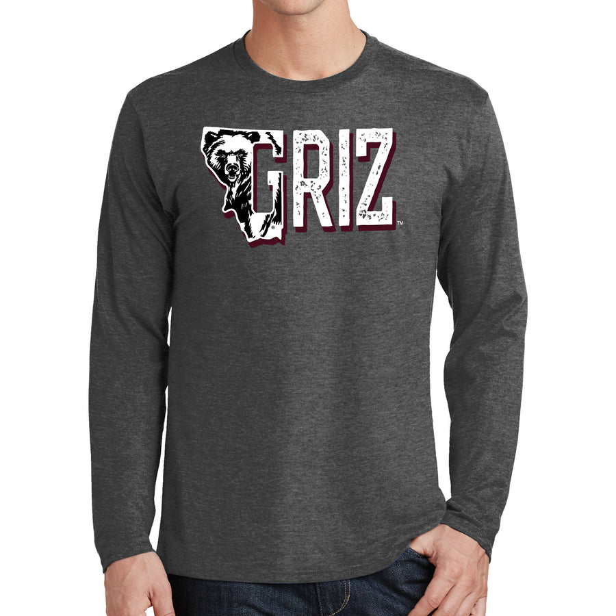 Blue Peak Creative's grey Long Sleeve t-shirt with the Griz Coming for Ya design in maroon, black, and white