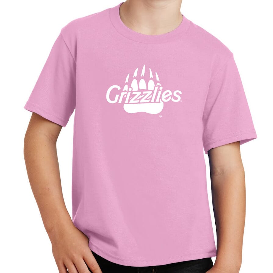 Blue Peaks Creative's pink Youth Fan Favorite T-shirt with the Glitter Grizzlies paw and lettering design