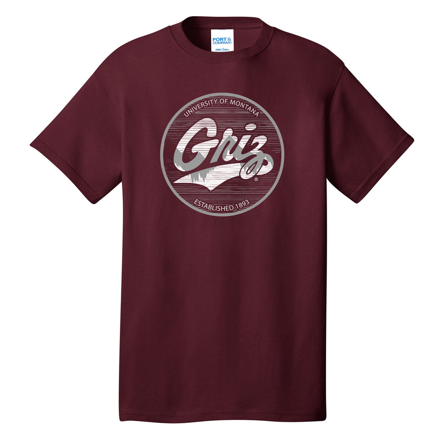 Blue Peaks Creative's maroon Core Cotton T-shirt with the Griz Script Badge design in grey and white