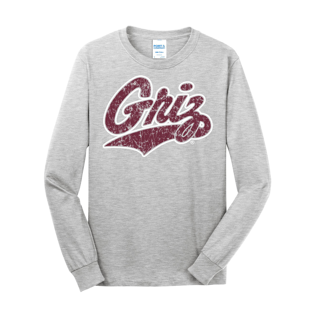 Blue Peaks Creative's grey Long Sleeve tee with the Distressed Griz Script design in maroon and white