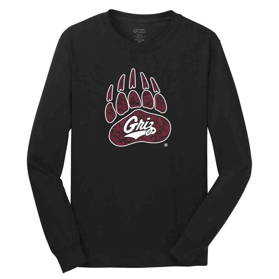 Blue Peak Creative's black Cotton Long Sleeve Tee with the Distressed Bear Paw and Griz Script in maroon and white