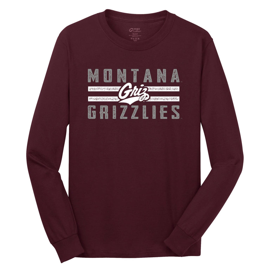 Blue Peak Creative's maroon Long Sleeve Core Cotton T-shirt with the Montana Griz Lines and Script in grey and white