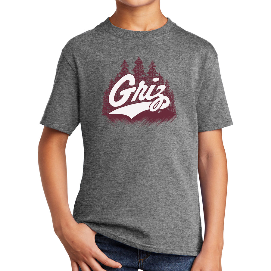 Blue Peak Creative's grey Youth Core Cotton T-shirt with the Griz Script Forest design in maroon and white