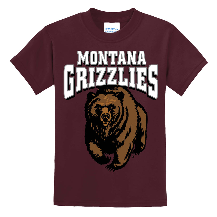 Blue Peaks Creative's maroon Youth tee with the Montana Grizzlies Charging Bear design