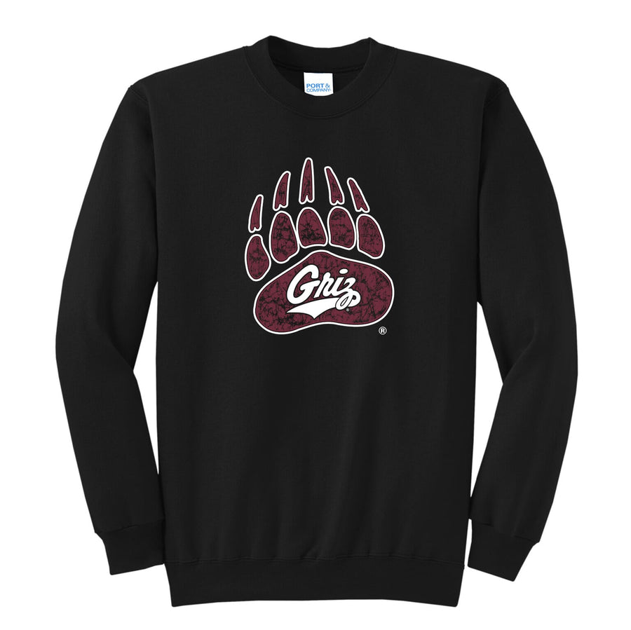 Blue Peak Creative's black crewneck sweatshirt  with the Distressed Bear Paw and Griz Script design in maroon and white