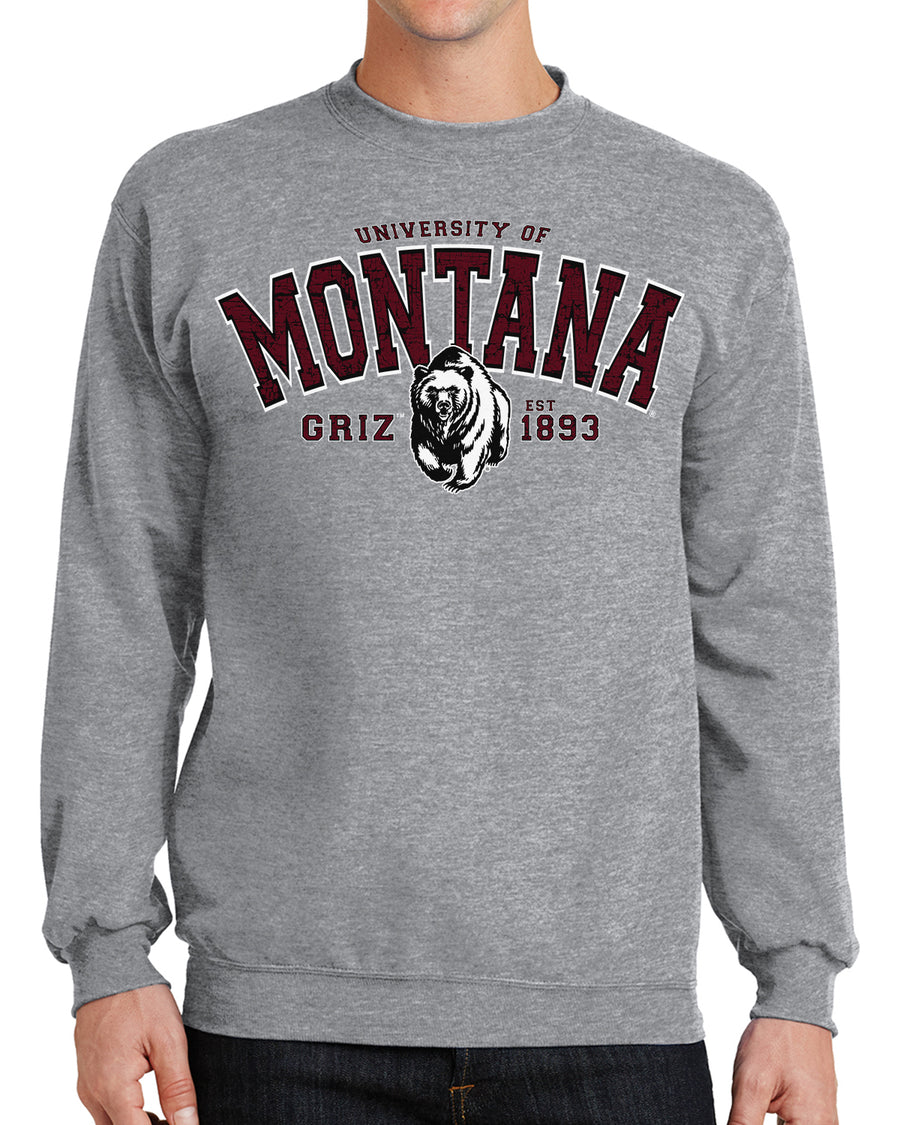 Blue Peak Creative's Crewneck Sweatshirt in grey, with the University of Classic Charging Bear design in maroon and white