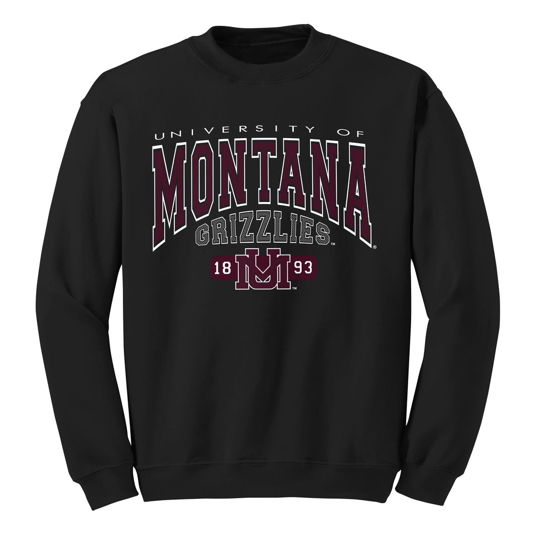 Blue Peaks Creative's black Core Fleece Crewneck Sweatshirt with the Big Montana Grizzlies design in maroon, grey, and white