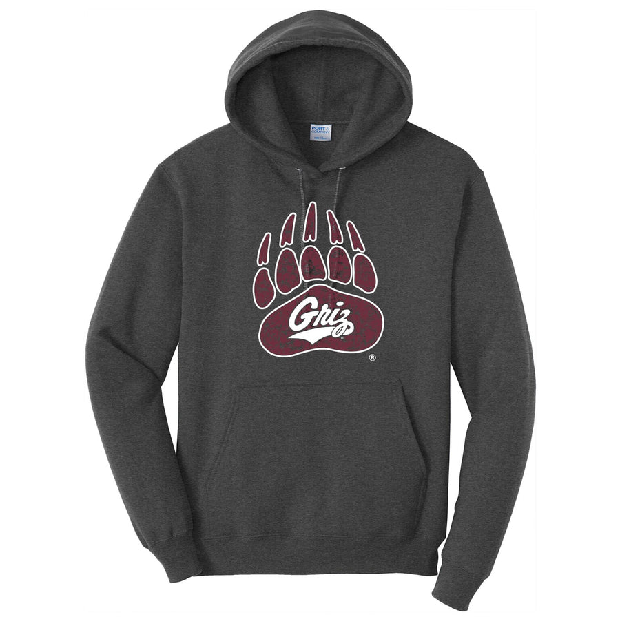A dark grey heathered hoodie printed with a maroon University of Montana Griz paw and a white Griz script inside the paw.