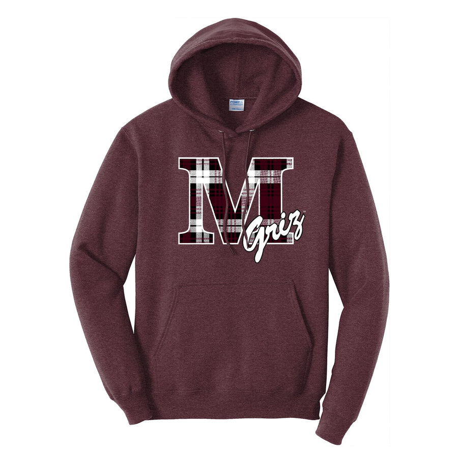 Blue Peak Creative's maroon Pullover Fleece Hoodie with the Plaid M Griz design in maroon and white