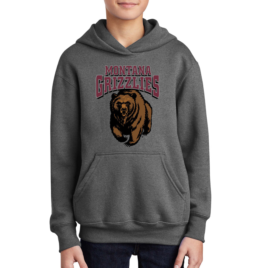 Blue Peak Creative's grey Youth Pullover Hooded Sweatshirt with the Montana Grizzlies Charging Bear design