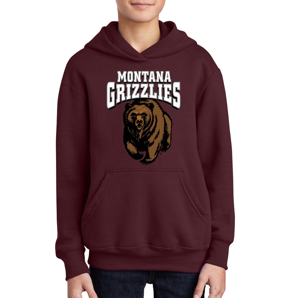 Blue Peak Creative's maroon Youth Pullover Hooded Sweatshirt with the Montana Grizzlies Charging Bear design