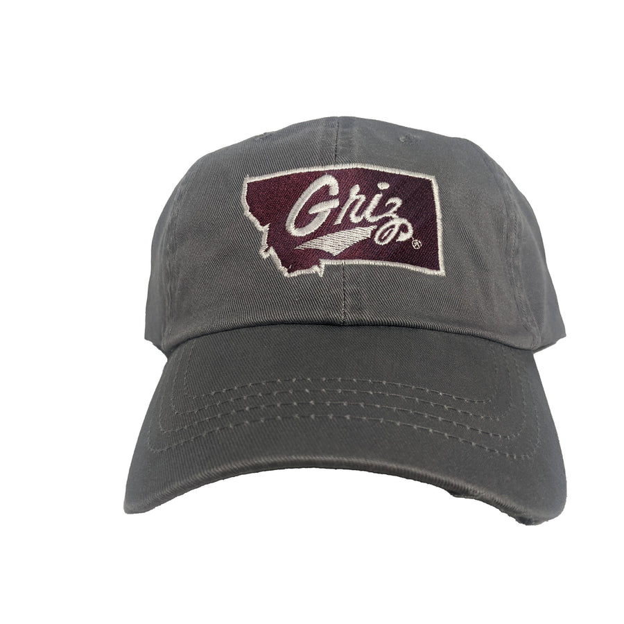 Blue Peaks Creative's grey Unstructured Hat embroidered with the Montana Griz Script design in maroon and white
