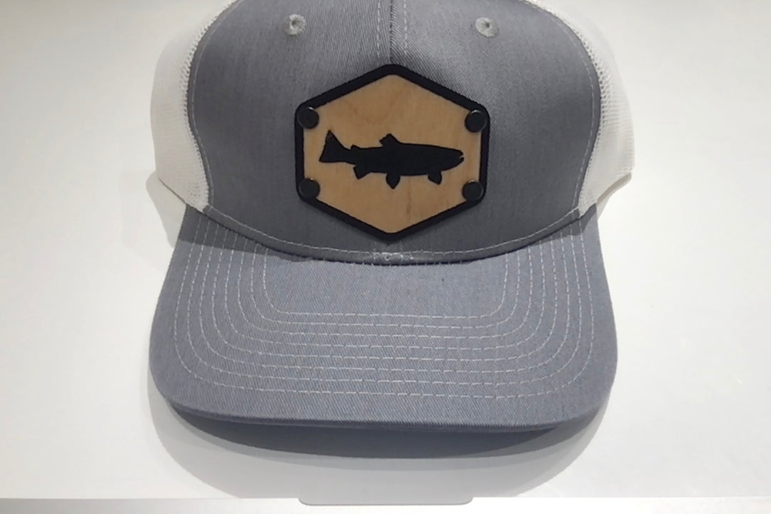 Heather Grey & White All Wood Patch Silhouetted Trout Trucker Hat