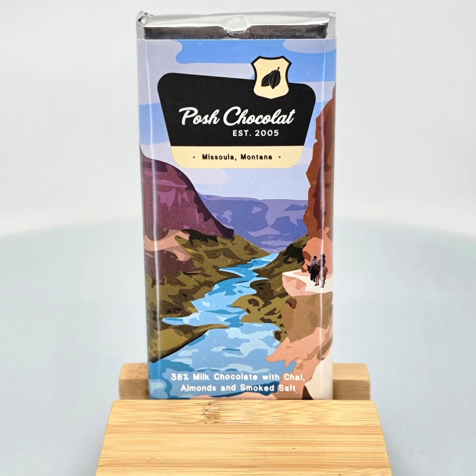 Posh Chocolate's Milk Chocolate Bar with Chai, Almonds, and Smoked Salt, small batch artisanal chocolate made in Missoula, Montana