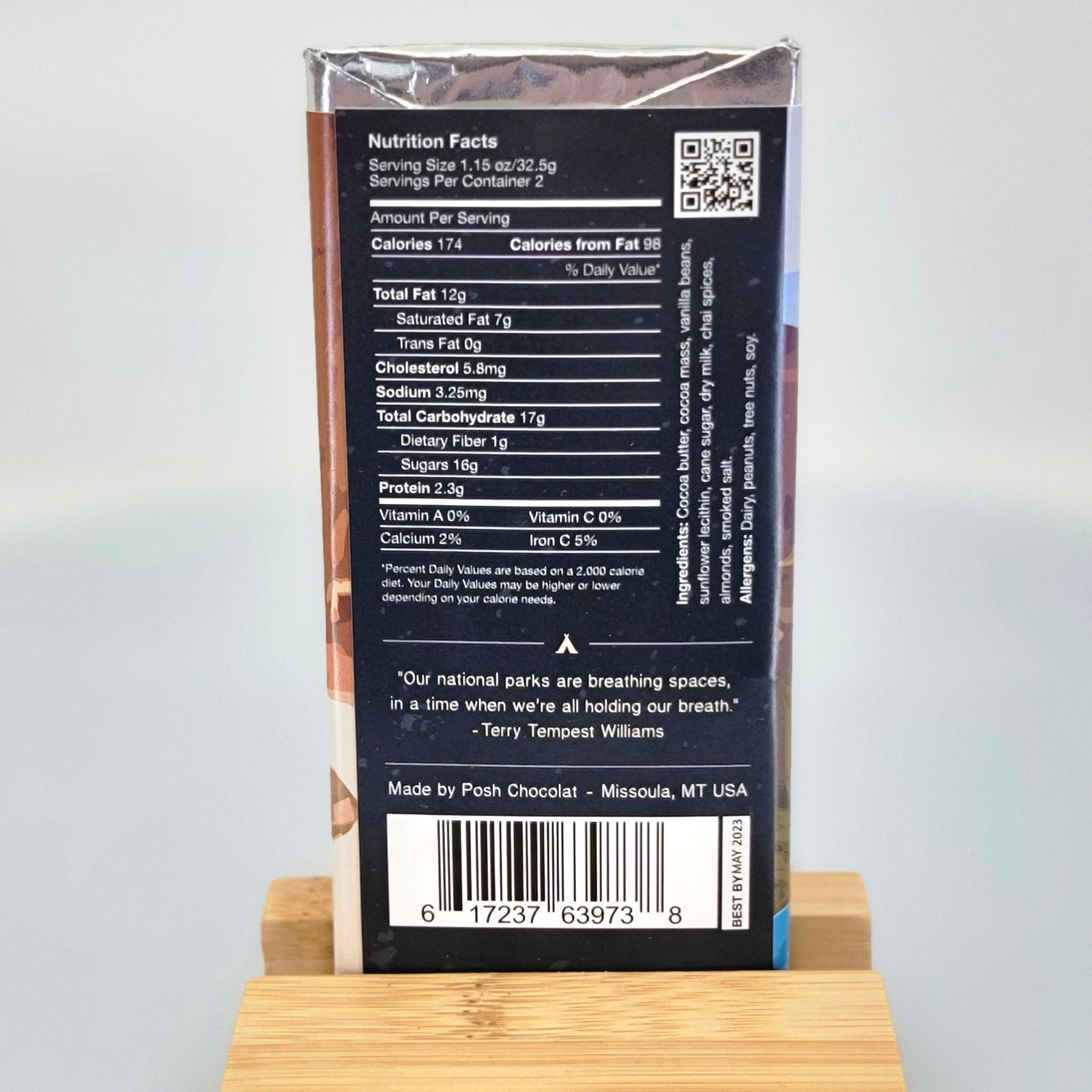 Posh Chocolate's Milk Chocolate Bar with Chai, Almonds, and Smoked Salt, small batch artisanal chocolate made in Missoula, Montana