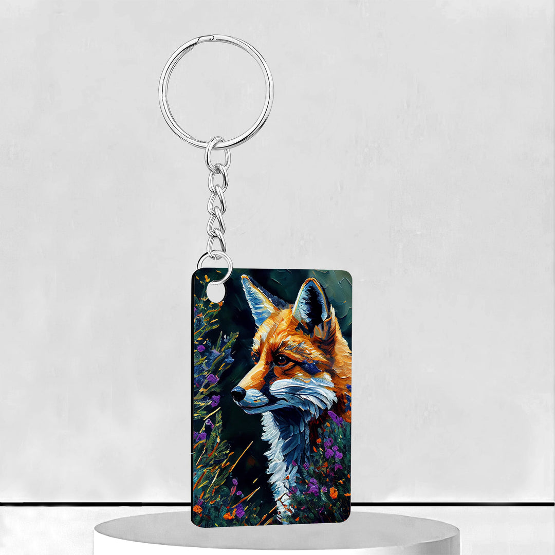 Lavender Fox Oil Painting Rectangle Keychain