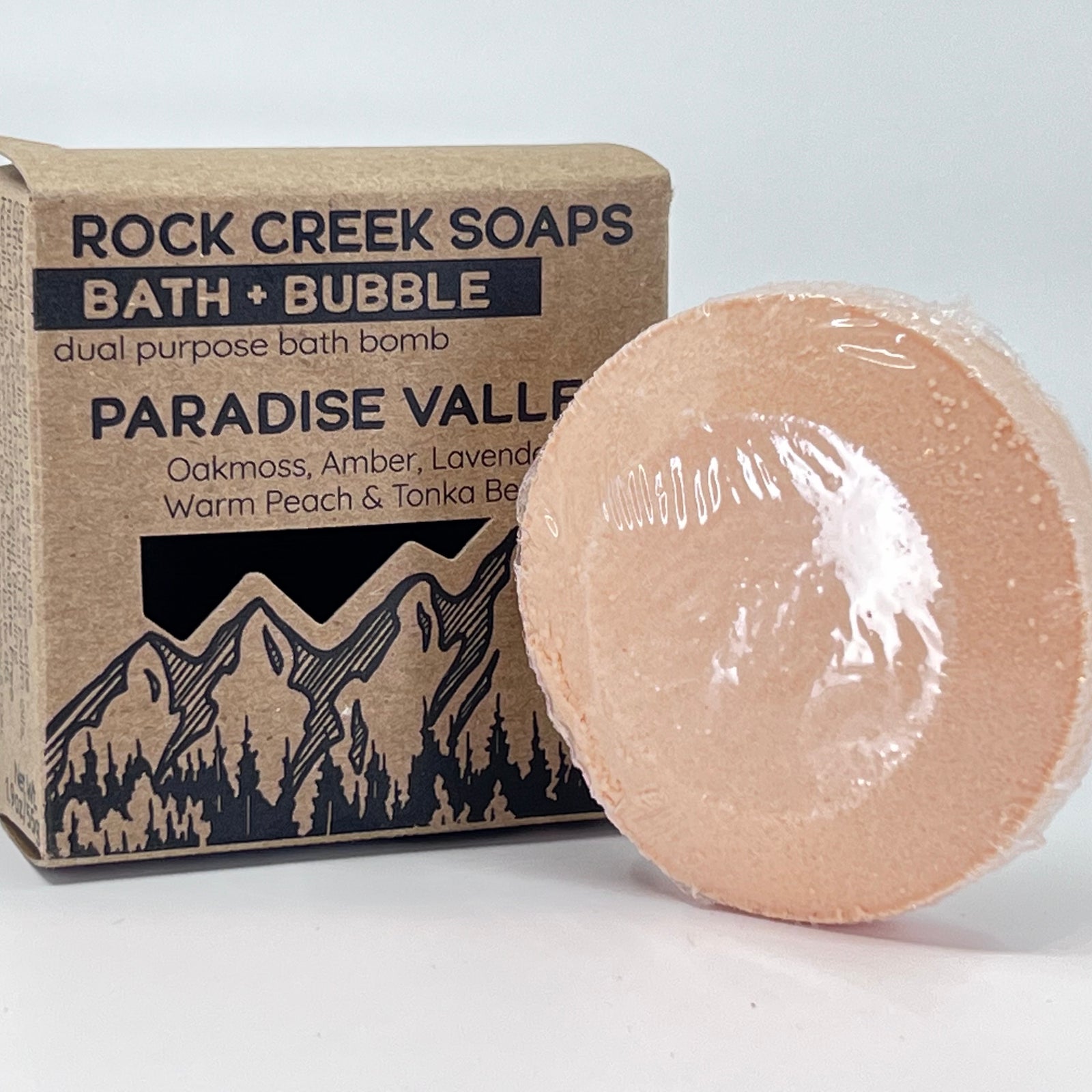 Paradise Valley Bath Bomb & Bubbles - Oakmoss, Amber, Lavender, Warm Peach, and Tonka Beans - handcrafted bath bomb made in Montana by Rock Creek Soaps