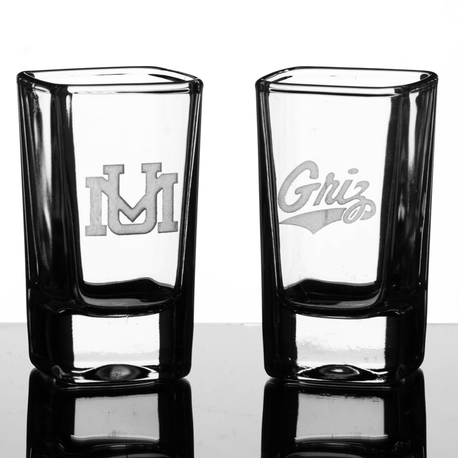 Blue Peaks Creative UM Grizzlies etched square shot glasses, two versions: UM and Griz