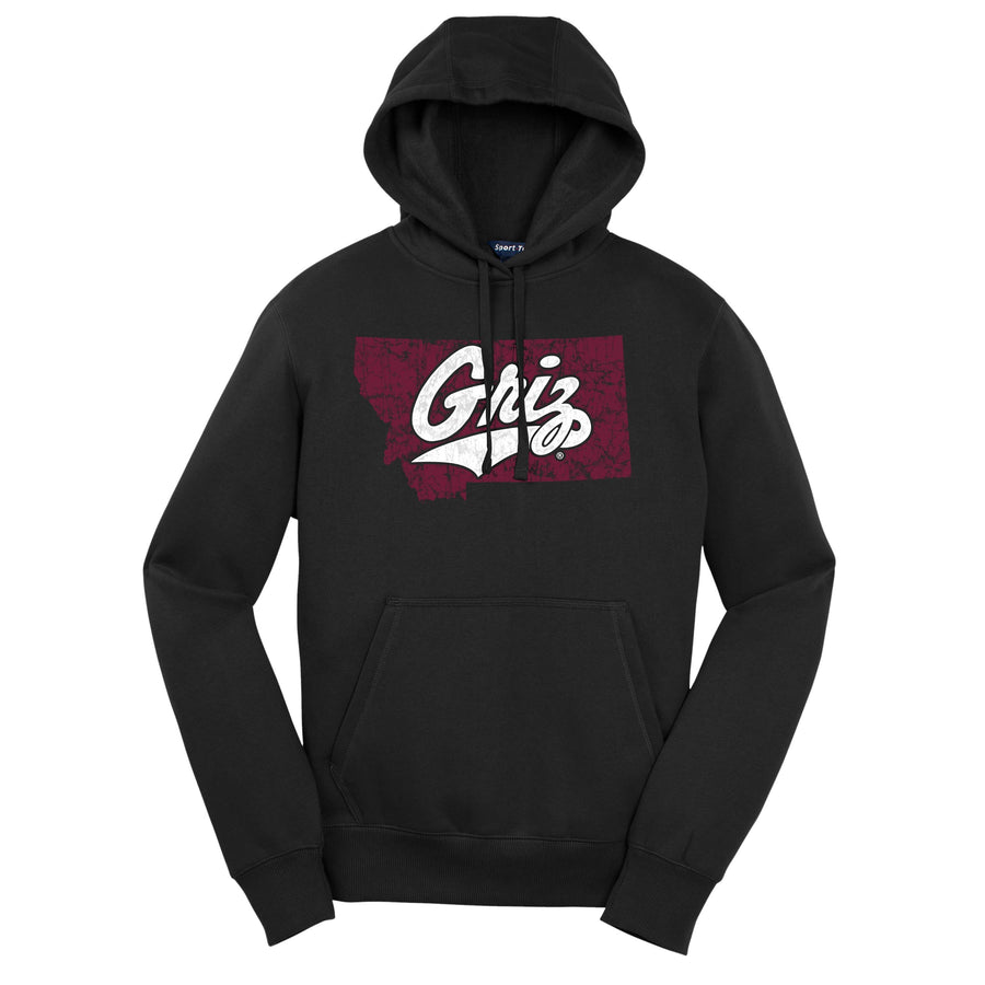 Blue Peak Creative's black pullover hoodie with the Distressed Montana Griz Script design in maroon and white